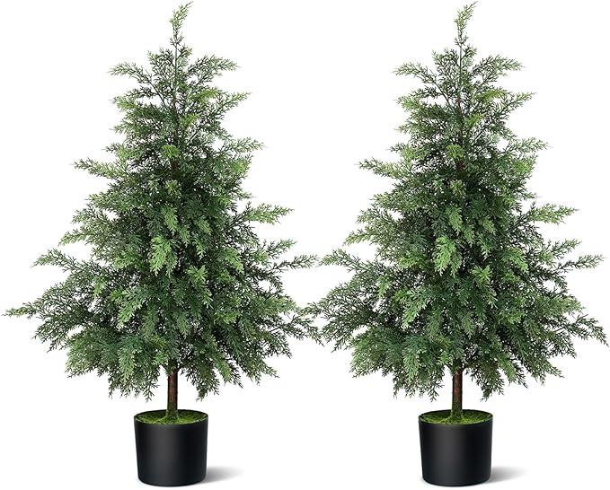 3FT Real Touch Cedar Topiary Trees for Front Porch Decor, Artificial Shrubs Faux Plants Potted UV... | Amazon (US)
