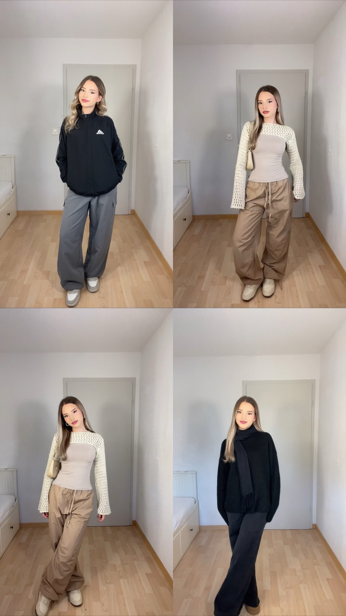 Baggy and modest outfit inspiration for relaxed and stylish days:
	1.	A sporty and oversized look featuring a black Adidas jacket paired with wide-leg gray trousers and white sneakers for an effortless streetwear vibe.
	2.	A beige fitted top layered with a cream crochet knit sweater and paired with baggy khaki pants and white sneakers for a cozy yet chic aesthetic.
	3.	A repeat of the crochet sweater with khaki pants, perfect for a modest and relaxed everyday look.
	4.	A sleek all-black outfit featuring a chunky knit sweater, wide-leg trousers, and a black scarf styled with brown slippers for a cozy winter vibe.

#ModestOutfits #BaggyStyle #StreetwearInspo #RelaxedFashion #ModestStreetStyle #EffortlessLooks #MinimalOutfitInspo #WinterStyle #ComfyChic #LTKStylist #LTKModest #LTKStreetStyle #LTKWinter