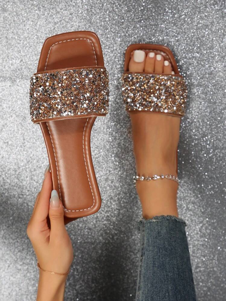 Women's Large Size Flat Sandals, Summer Slippers With Rhinestone Decoration, Beach Shoes | SHEIN