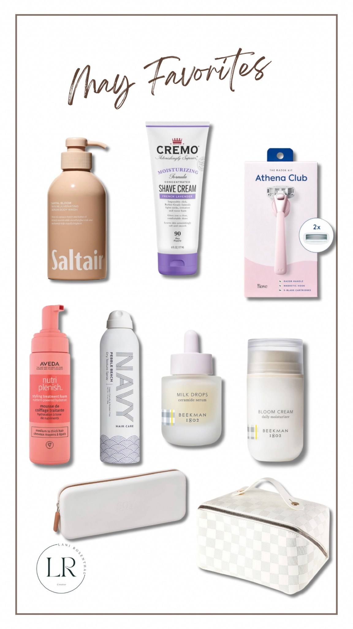My May Favorites. 

The Saltair body wash is all natural and left me feeling clean and soft. 
The Cremo Shave cream saved me from irritation and razor burn.
The Athena Razor just performs awesome and replaced my Flamingo.
The Nutri Plenish from Aveda leaves me hair shiny and feeling fresh.
The Navy texture spray gives me volume on my 2nd and 3rd day hair.
The Beekman 1802 Milk Drops give me a natural glow. The moisturizer is very hydrating and non-greasy.
The Brush bag is perfection and easy to clean. 
And the Travel makeup bag is a must. 

#LTKGiftGuide #LTKFind #LTKbeauty
