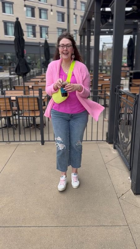 Cold weather spring look featuring the bright colors of Lilly Pulitzer, updated straight jeans, a Lululemon belt bag (back in stock), and Golden Goose Hi Star sneakers. Everyday casual look. 

#LTKstyletip #LTKSeasonal #LTKunder100
