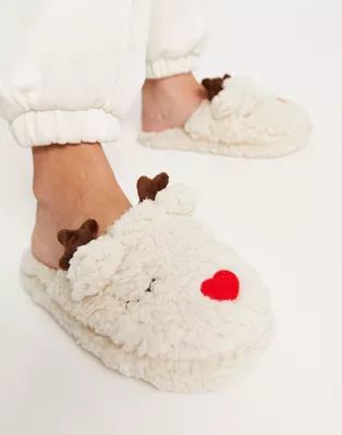 Truffle Collection christmas reindeer slippers in cream | ASOS (Global)