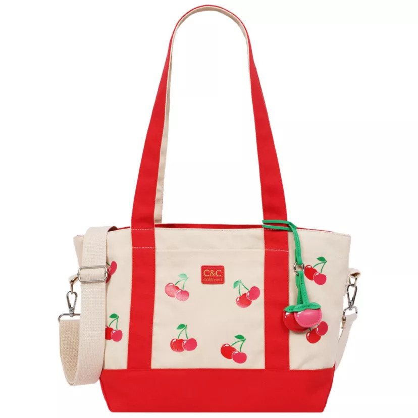 C & C California Cherry Print Cotton Canvas Tote with Contrast Trim & PU Charm | Belk