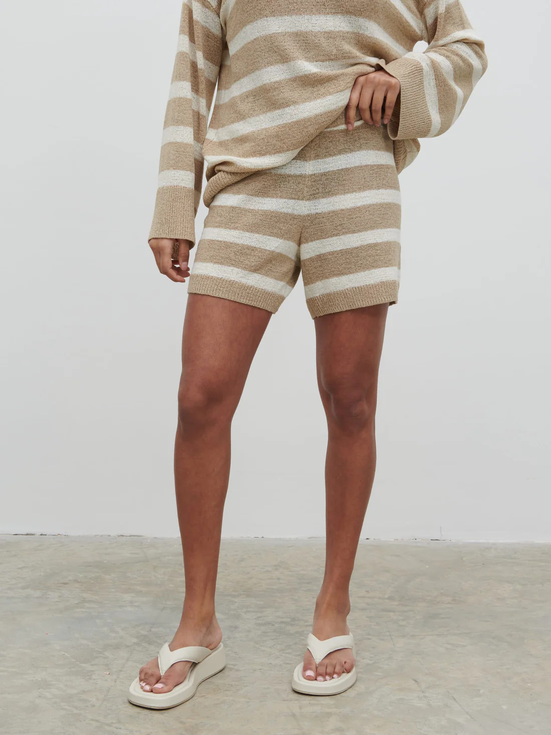 Dakota Stripe Knit Shorts - Oatmeal and Cream | Pretty Lavish (UK)