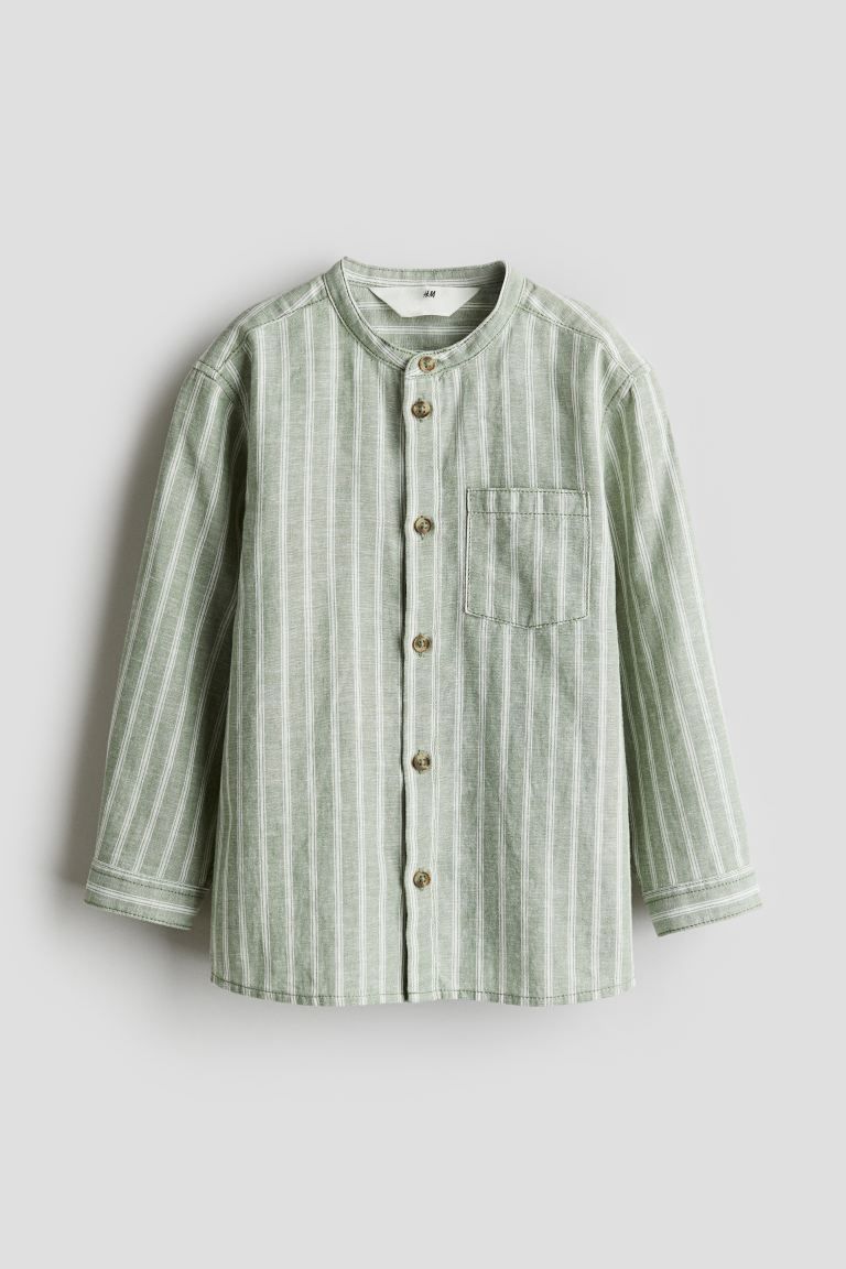Linen-blend Band Collar Shirt - Green/striped - Kids | H&M US | H&M (US + CA)