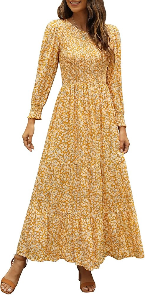 Annebouti Women Round Neck Long Sleeve Boho Floral Smocked Tiered Maxi Dress | Amazon (US)