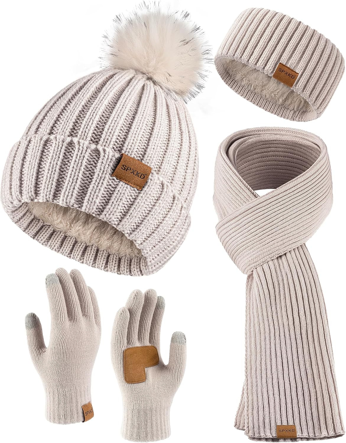 Womens 4Pcs Beanie Scarf Gloves Headband Set Fleece Lined Beanie & Headband Earmuff, Scarf and Touchscreen Gloves | Amazon (US)