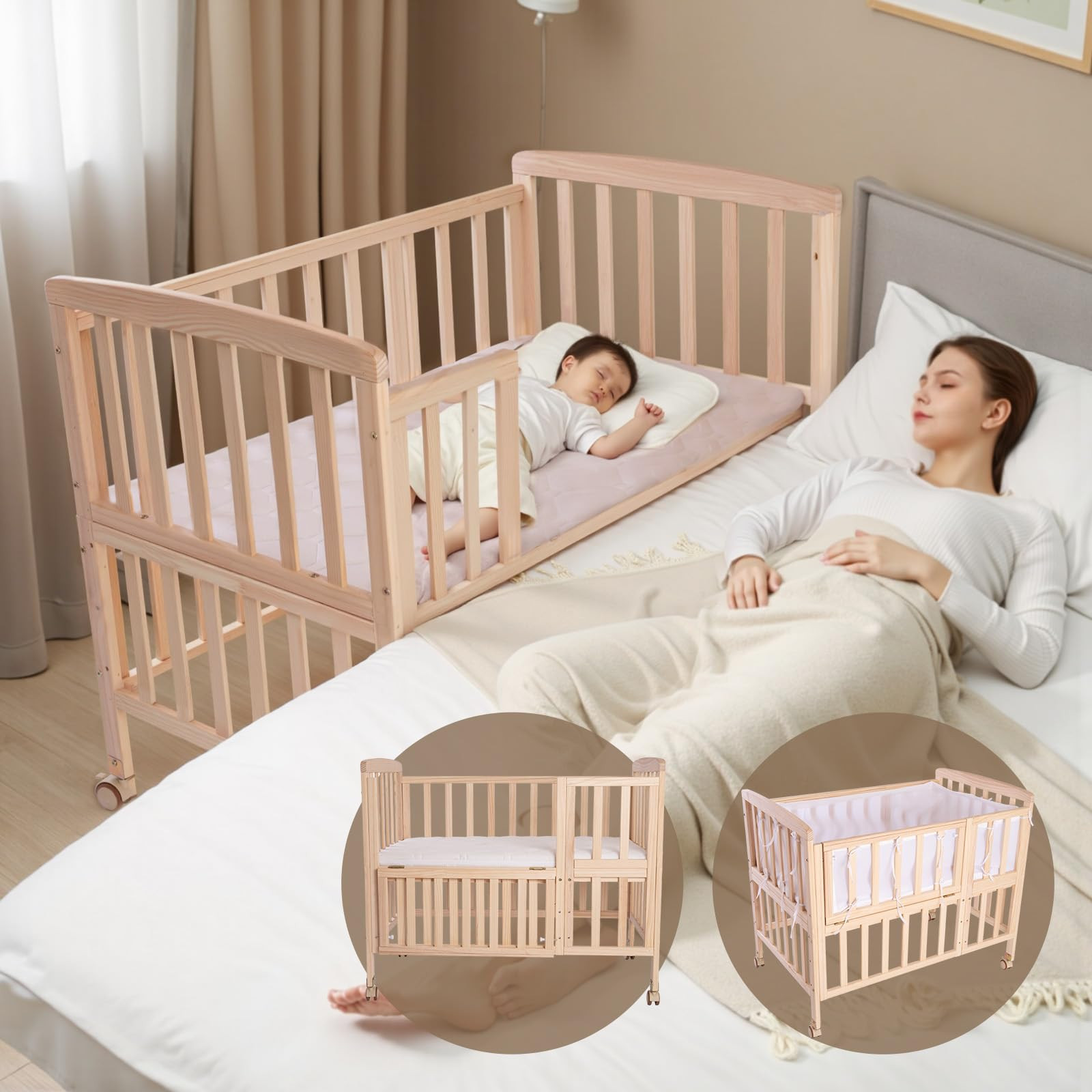 Baby Bassinets Bedside Sleeper - Portable Pine Wood Bedside Bassinet,with Mattress and Breathable... | Amazon (US)