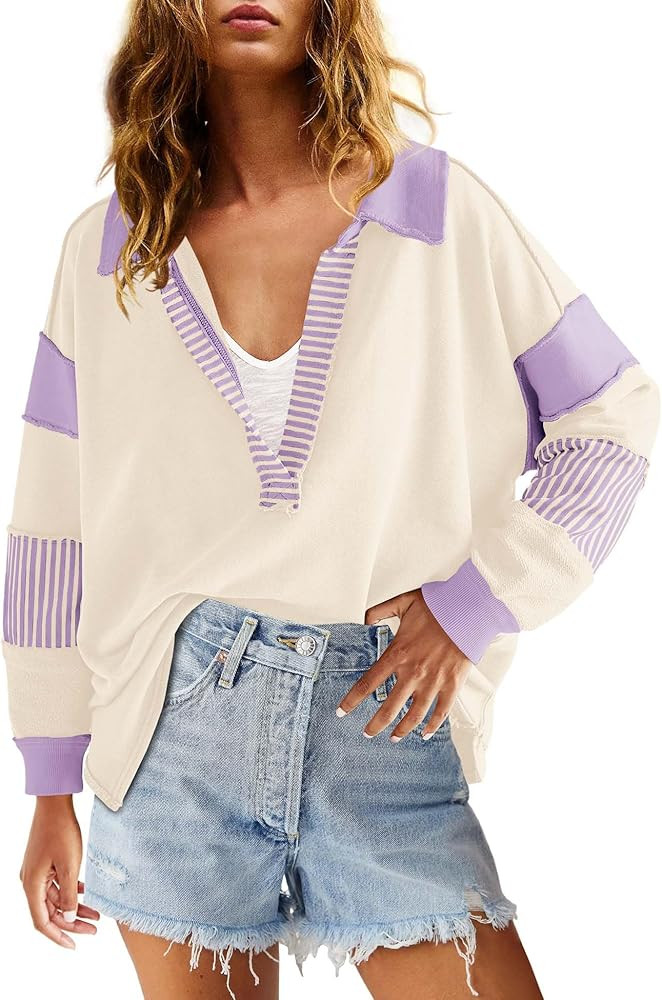 ReachMe Womens Oversized Striped Sweatshirts V Neck Loose Fit Tunic Colorblock Polo Shirts Patchw... | Amazon (US)
