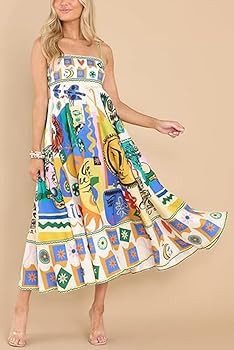 Women Spaghetti Strap Maxi Dress Colorful A Line Swing Long Smocked Picnic Dress Boho Beach Vacat... | Amazon (US)