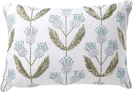 Creative Co-Op Cotton Throw, Embroidered Flower Design on Light Neutral Pillow, Multicolored | Amazon (US)
