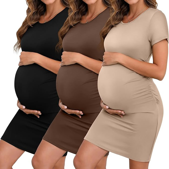 Riyiper 3 Pack Women's Maternity Dresses, Short Sleeve Pregnancy Dress Side Ruched Crew Neck Knee... | Amazon (US)