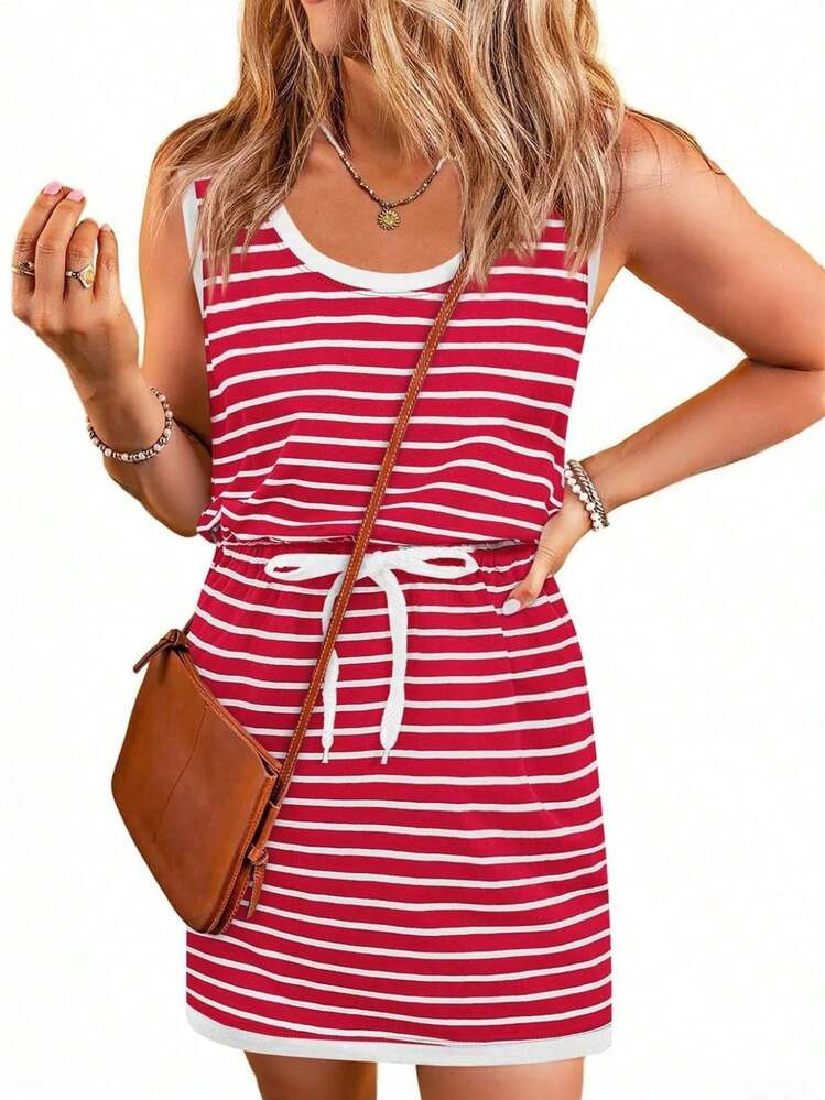 Women's Summer Striped Dresses Casual Tank Mini Dress With Adjustable Drawstring Waist And Pocket... | SHEIN