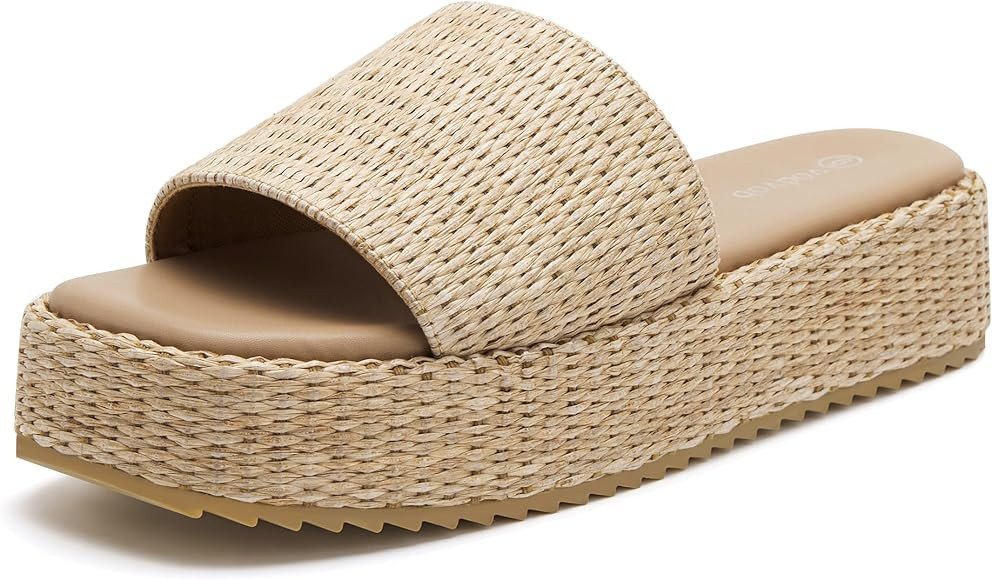 vodvob Platform Sandals for Women Open Toe Comfort Slip On Espadrille Sandals Cute Beach Straw Ra... | Amazon (US)