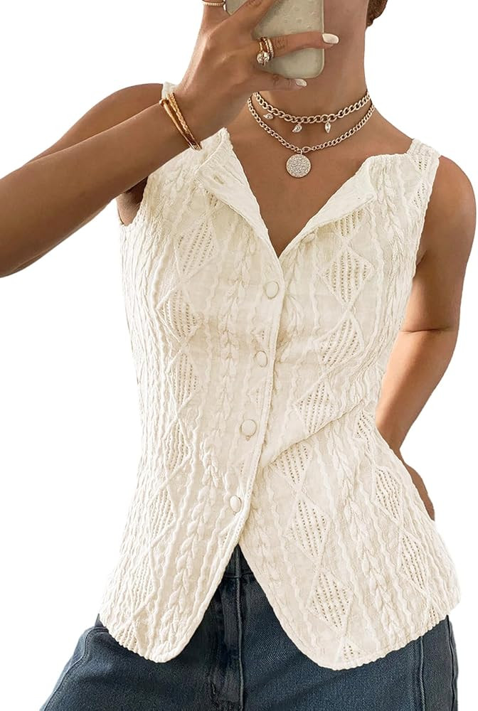 BLENCOT Women's Vest Top Slim Fitted Button Down Knit Vests Stretchy Textured Jacquard Going Out ... | Amazon (US)