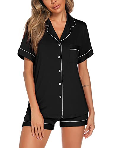 Aamikast Petite Pajama Sets with Shorts for Women Classic Short Sleeve Button Down Knit Sleepwear Black M | Amazon (US)