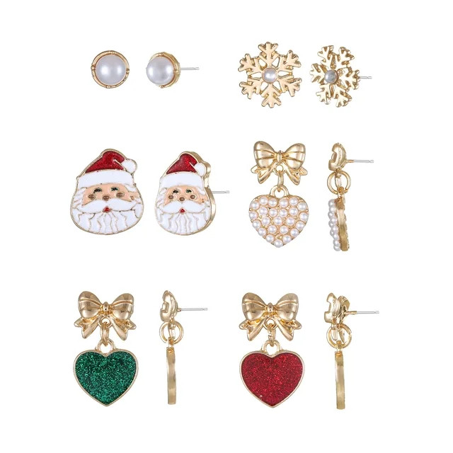 Holiday Time Women's Goldtone Christmas Motif Earrings, Red and Green, 6 Pairs | Walmart (US)