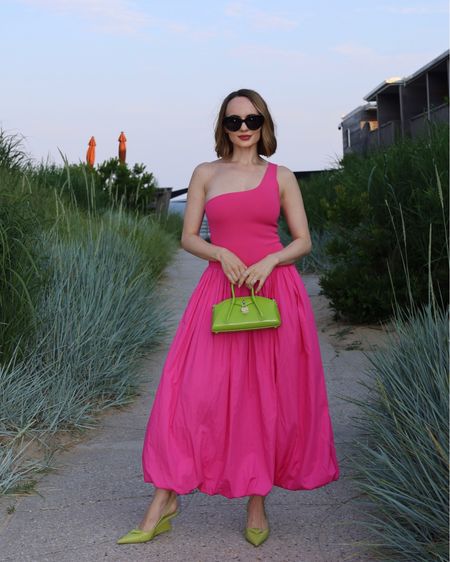 Fuchsia and lime green outfit idea 💗💚 Derek Lam dress, Givenchy green bag, and Prada pointy toe pumps. 

#LTKshoecrush #LTKSeasonal #LTKitbag