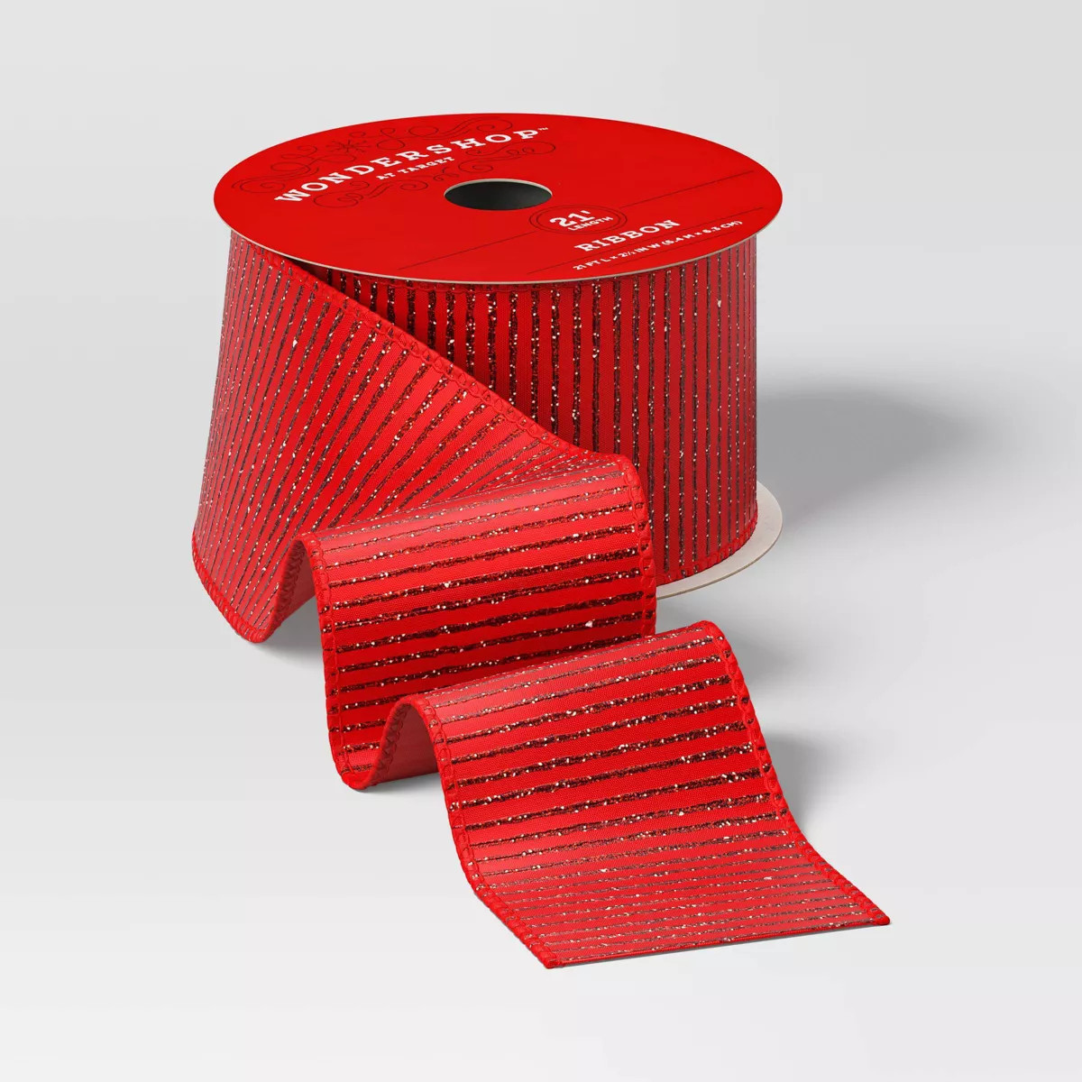 2.5" Glittered Stripe Pattern Fabric Christmas Ribbon Red 21ft - Wondershop™ | Target
