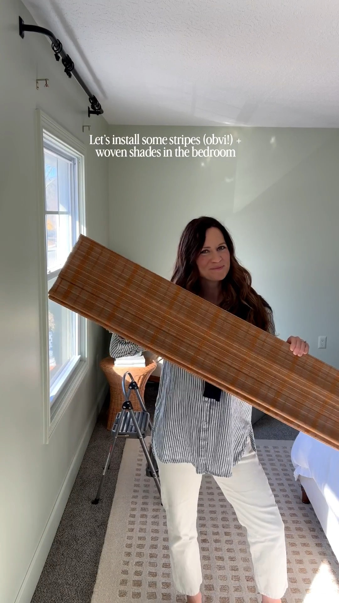 Drapes are the Britt Bengoechea Floral Print Linen Cotton Drapery in Sailor BB-P3 with a French pleat and black out lining.

Woven shades are the Rae Natural Pure Bamboo Woven Shades - Series Z in Walnut 