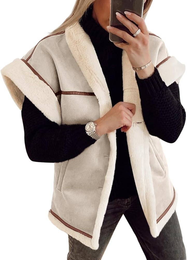 Cicy Bell Womens Suede Sherpa Vest Faux Fur Coat Cap Sleeve Button Down Winter Shearling Jacket | Amazon (US)