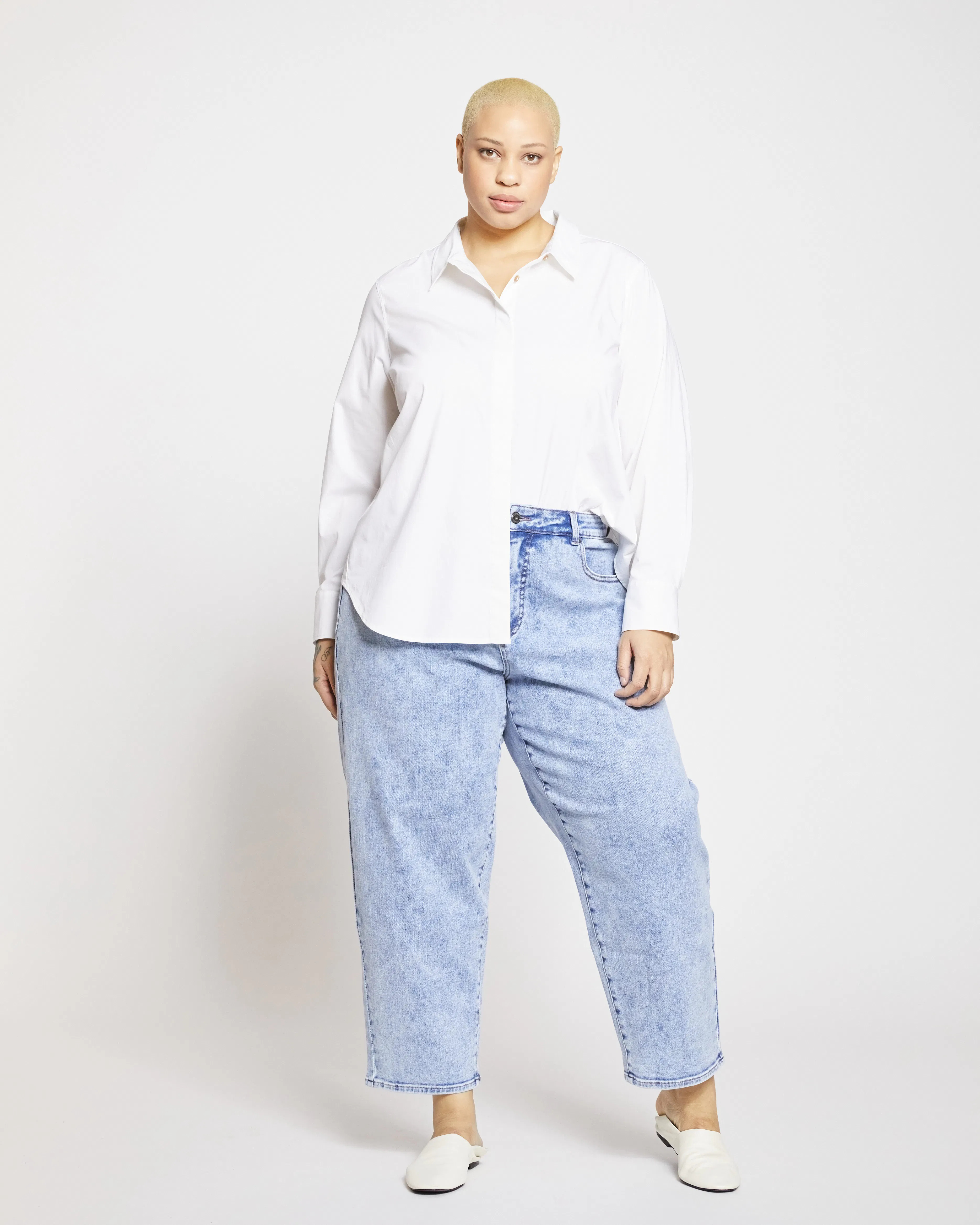 FIT LIBERTY ELIGIBLE Elbe Stretch Poplin Shirt Classic FitBleu Scolaire$1284 interest-free paymen... | Universal Standard