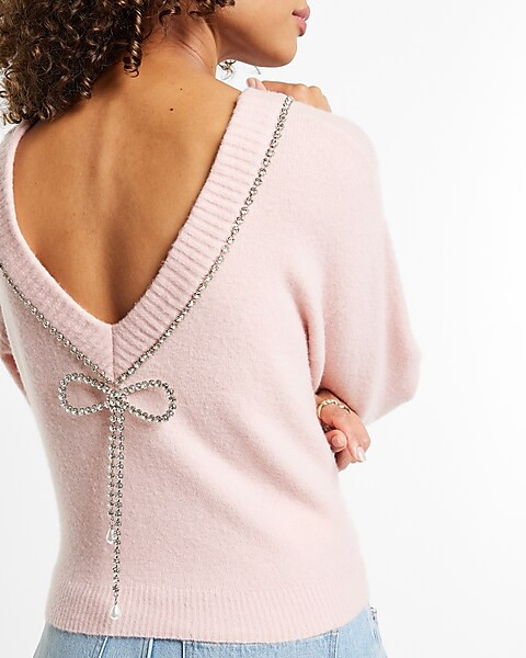 Bow Embellished Open Back Sweater | Express