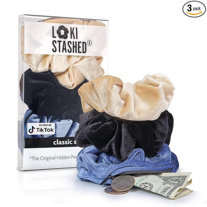 3-Pack Velvet Hair Tie Scrunchies for Girls & Women, The Original Hidden Pocket Scrunchie with Zi... | Amazon (US)