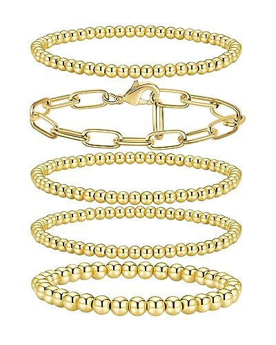 shownee Gold Beaded Bracelet for Women 14K Gold Plated Bracelets Gold Stretch Bead Ball Bracelet Hypoallergenic Stackable Bracelet Set 4mm 6mm Gold Beaded | Amazon (US)