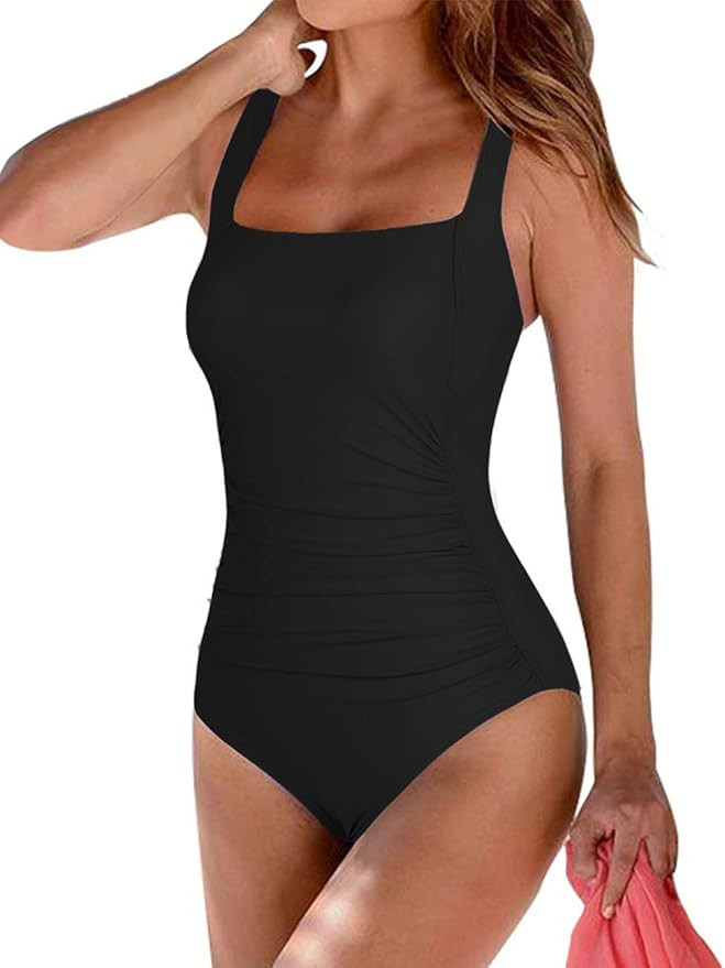 Firpearl Women's Black One Piece Bathing Suit Ruched Tummy Control Swimsuit | Amazon (US)