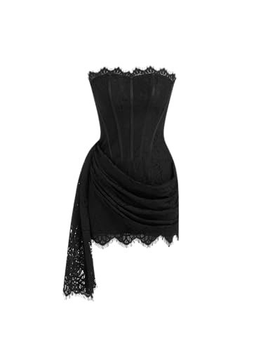 CIDER Lace Corset Dress Strapless Tie Back Mini Bodycon Cocktail Party Dress Black | Amazon (US)