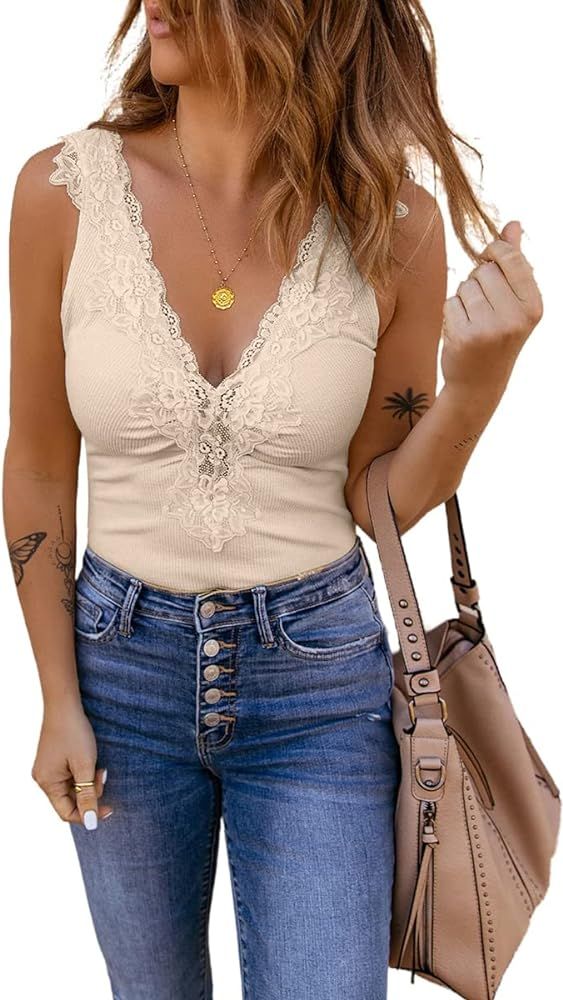 Womens Lace Patchwork Sexy Deep V Neck Knitted Vests Summer Camis Tank Tops | Amazon (US)