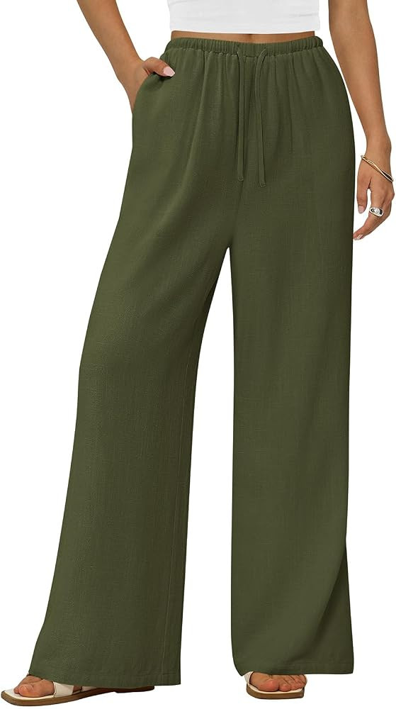 PRETTYGARDEN Summer Wide Leg Linen Pants Women with Pockets High Waist Drawstring Loose Casual Pa... | Amazon (US)