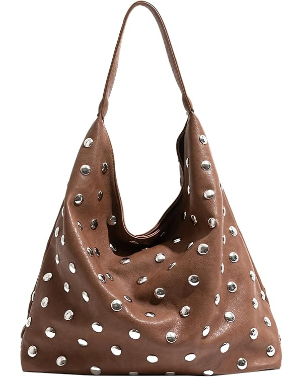 Studded Hobo Bags for Women Soft Vegan Leather Studded Slouchy Shoulder Handbag Tote Purse | Amazon (US)