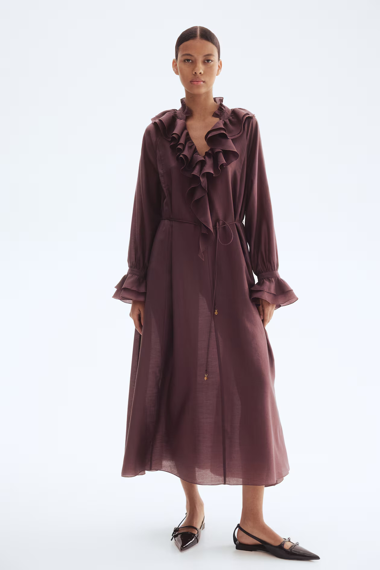 Ruffled dress - Dark brown - Ladies | H&M GB | H&M (UK, MY, IN, SG, PH, TW, HK)