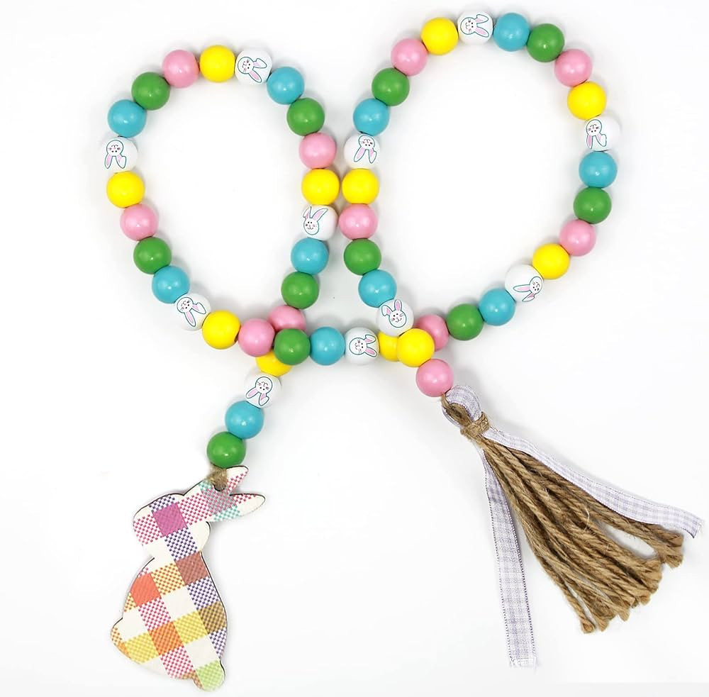 Easter Wood Bead Garland,39.4 Inch Wooden Beads with Tassels and Bunny Shaped Sign Boho Decor Han... | Amazon (US)