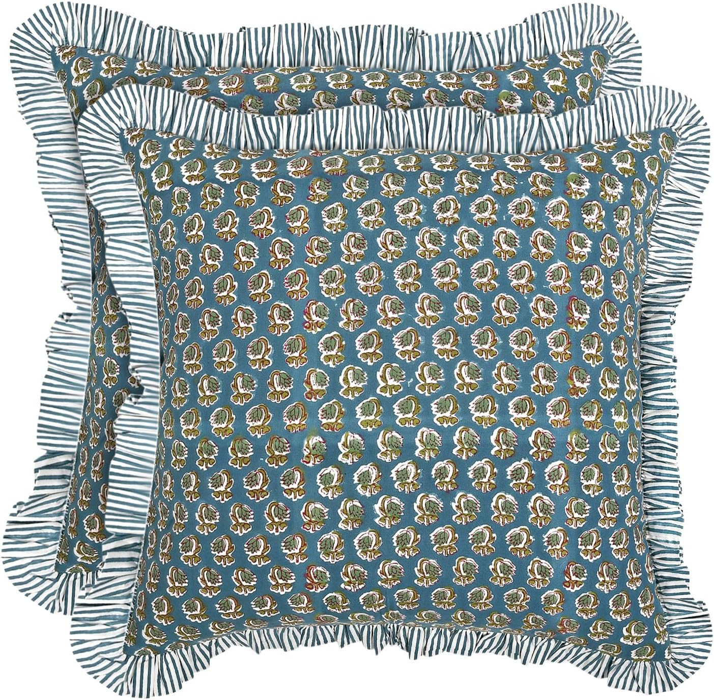Peacock Blue Block Print Ruffle Pillow Covers 18x18 Inch Set of 2 | Amazon (US)