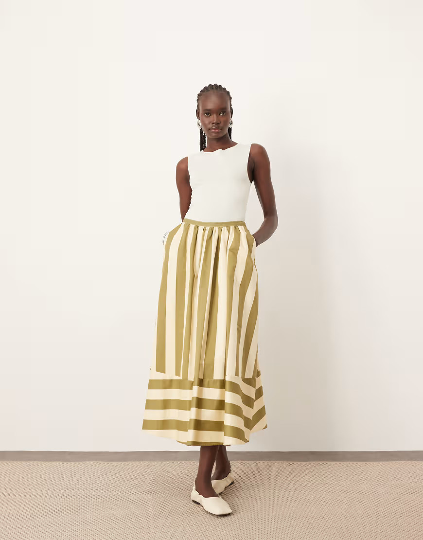 ARRANGE structured full skirt in olive stripe-Multi | ASOS (Global)