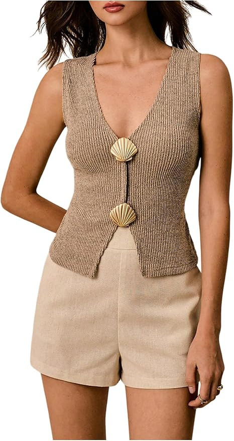 SHENHE Women's Ribbed Sleeveless Sweater Vest Gold Metal V Neck Dressy Going Out Knit Top | Amazon (US)