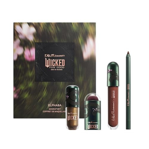 r.e.m. beauty by Ariana Grande Wicked: For Good | Elphaba Makeup Set | Waterpoof Eye Shadow, All Over Glow Stick, Creamy Lip Liner, Glossy Lip Balm | 4 Full Size Products | Amazon (US)