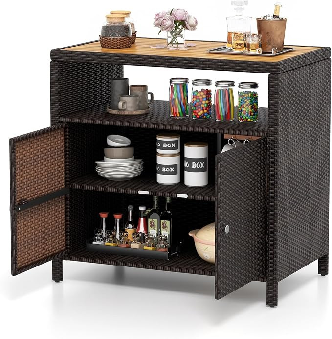 Tangkula Rattan Outdoor Storage Cabinet, Patiojoy Outdoor Cabinet with Acacia Wood Countertop, Op... | Amazon (US)