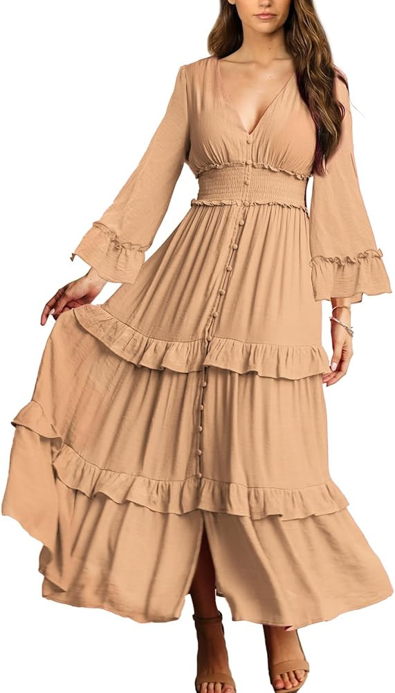 Amegoya Women's V Neck Long Sleeve Boho Maxi Dress Summer Wedding Guest Long Flowy Engagement Dre... | Amazon (US)