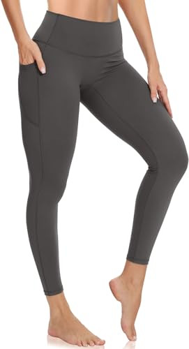 UEU High Waist Yoga Leggings for Women, Workout Gym Running Pants with Pockets, No Front Seam Tummy Control, 25" Dark Gray S | Amazon (US)