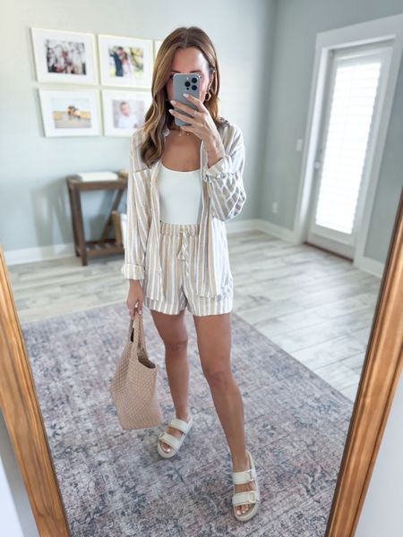 Target linen short sets - mix and match! Wearing XS. Resort wear. Vacation outfits. Spring outfits. Cruise outfits. Swimsuit coverup. Europe outfit. $20 linen shorts. Linen tops. Target slide sandals are TTS. Amazon Braided tote is a look for less! 

#LTKshoecrush #LTKtravel #LTKMostLoved