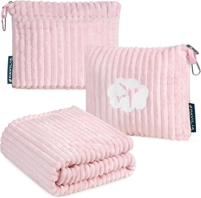 PAVILIA Travel Blanket Pillow in Soft Bag with Pockets, Airplane Blanket Set, Plane Blanket Compa... | Amazon (US)