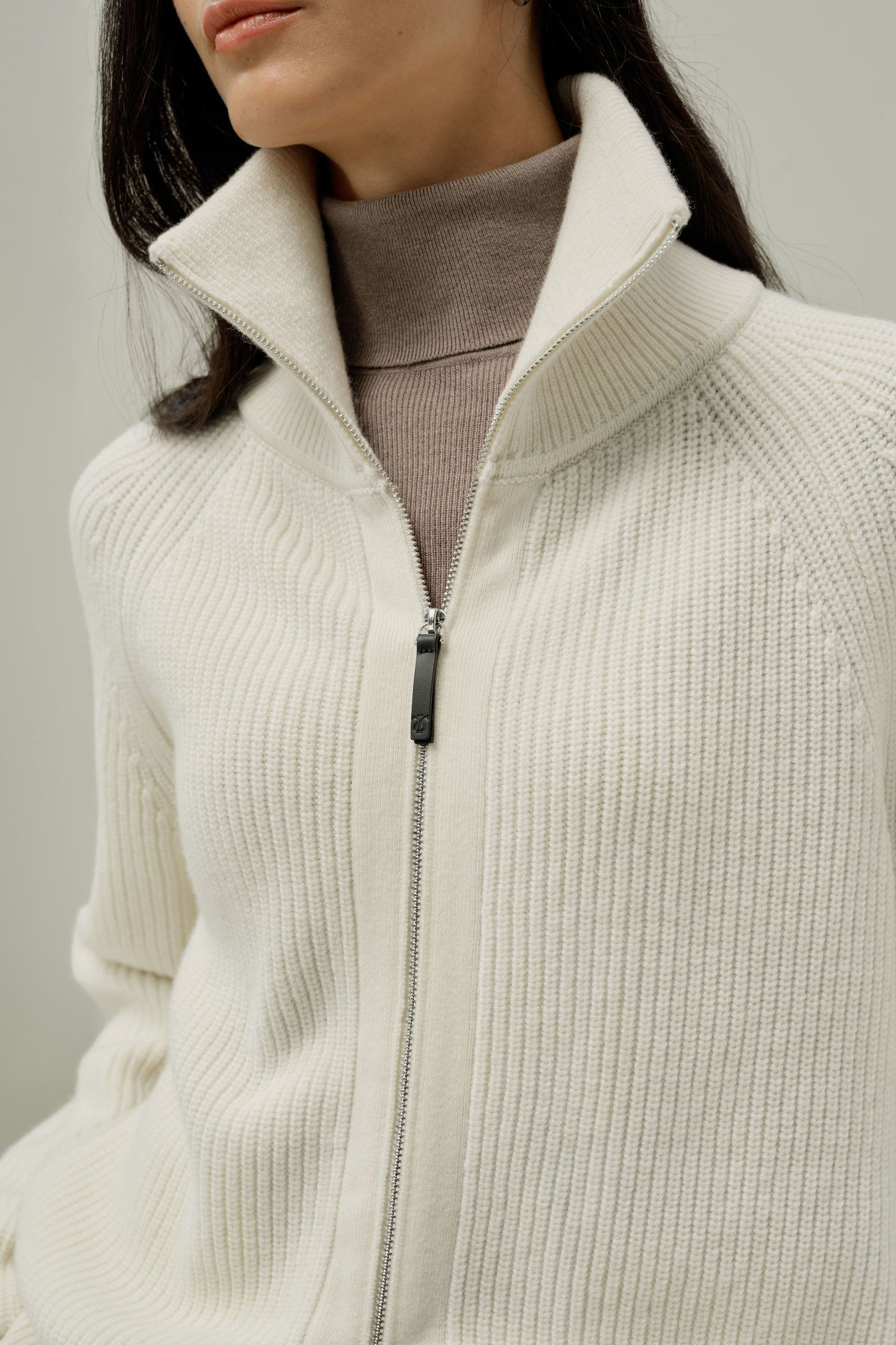 Ribbed-knit Turtleneck Zip Cardigan | LilySilk