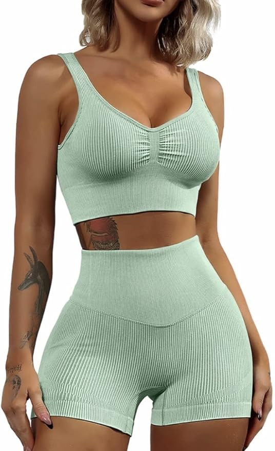 QINSEN Workout Sets for Women 2 Piece Cross Back Straps Sports Bra Seamless Shorts Yoga Gym Activ... | Amazon (US)