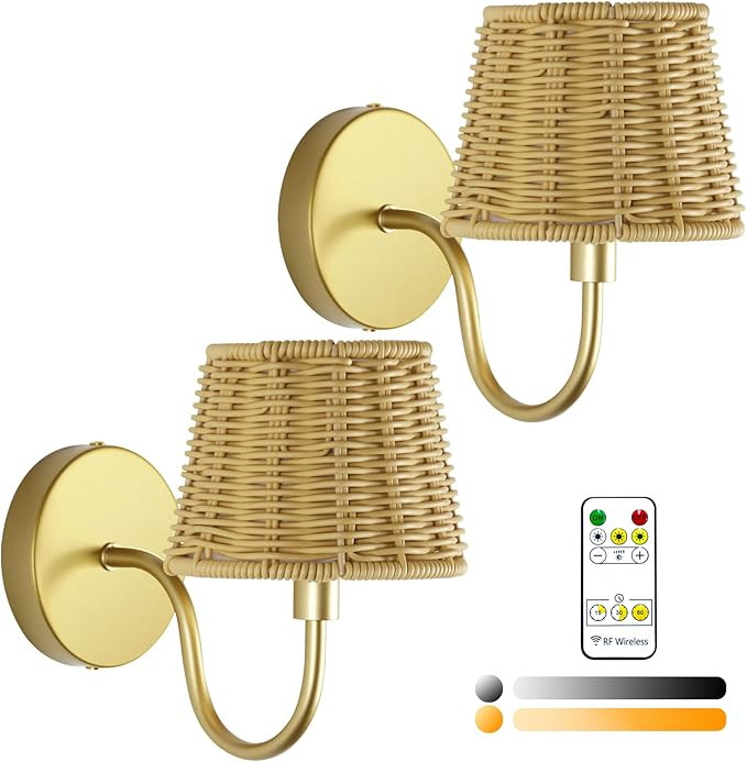 Battery Operated Wall Sconce Set of 2, Rechargeable Wireless Rattan Wall Sconces with Dimmable De... | Amazon (US)