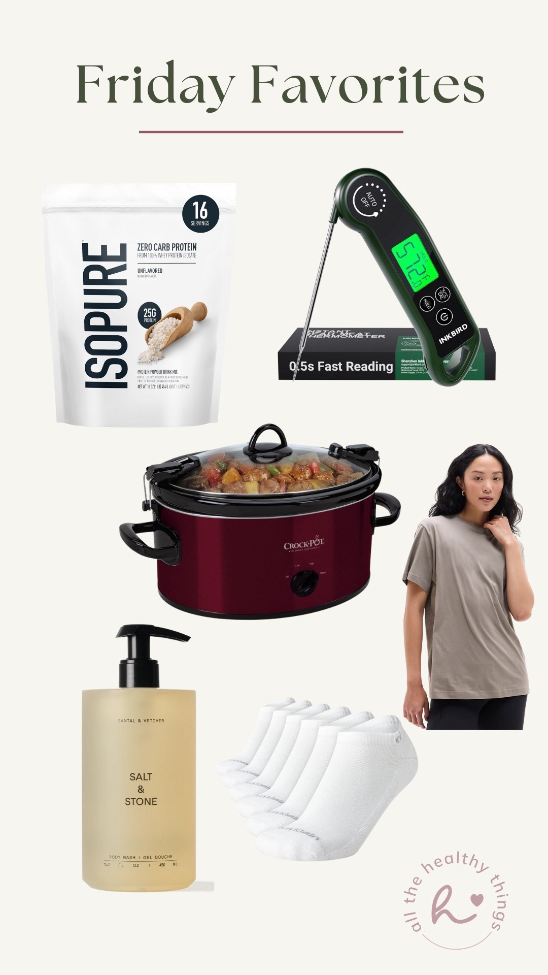 ✨Athleta T-Shirt: I need this t-shirt in every single color available, please. It's so soft and perfect to workout in, lounge in, or throw on with a pair of jeans. It's currently on sale!
✨Calvin Klein Socks: I ordered these socks at the beginning of the summer and I love them so much. Soft, comfy, durable, and not too thick or thin so they work great with all of my shoes.
✨Salt and Stone Body Wash: I love this body wash so much. The scent is impeccable and feels perfect for fall.
✨Digital Read Meat Thermometer: If you don't have a meat thermometerI highly recommend you change that, ASAP! This is the one I use and love.
✨Isopure Protein Powder: I recently found this unflavored protein powder at my local grocery store and was pleasantly surprised at how much I love it. Great texture and truly unflavored so it's perfect for adding to smoothies or protein bites!
✨Crock-Pot Slow Cooker: Need a slow cooker or ready to replace your old one? I love this one!