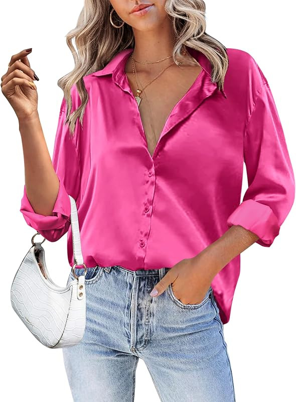 Hotouch Satin Silk Women Button Down Shirt Long Sleeve V Neck Casual Loose Work Office Blouse Tun... | Amazon (US)